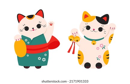 Cute Maneki Neko, Japanese lucky cats, fortune, folklore symbol cartoon vector illustration