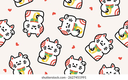 Cute maneki neko lucky cat pattern background vector design