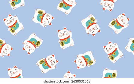 Cute maneki neko lucky cat pattern background vector design