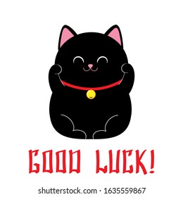 Cute maneki neko. Lucky japanese cat wish good luck and wealth. Black kitty vector illustration