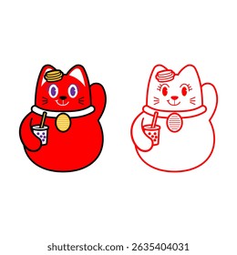 Cute maneki-neko lucky cat holding a cup of bubble tea, a fun blend of Asian tradition and modern trends.