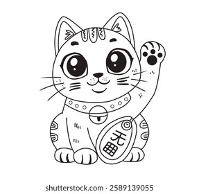 A cute Maneki-neko (lucky cat) icon with a smiling face, holding a golden bell. Traditional Japanese figurine symbolizing good luck and fortune. black silhouettes cat, graffiti, black lines