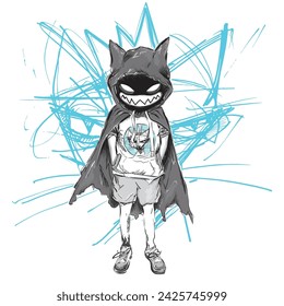 Cute manga boy and cat illustration.T shirt graphics for children.Cool anime boy character.​Japanese style,cool manga boy vector.Super hero cat.Vector art illustration.Korean style superhero drawing.
