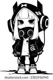 cute manga girl in black over white