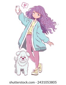 Cute manga girl and dog illustration.T shirt graphics for girls.Cool anime girl character.​Japanese style, Cute manga girl drawing.Korean vector girl child.Animal lover.Cute chow chow vector.