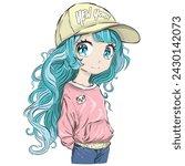 Cute manga girl illustration.T shirt graphics for girls.Cute anime girl character.​Japanese style, Cute manga girl drawing.Korean vector girl child.New york slogan.Hand drawn children's drawing.