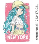 Cute manga girl illustration.T shirt graphics for girls.Cute anime girl character.​Japanese style, Cute manga girl drawing.Korean vector girl child.New york slogan.Fashion graphic design.
