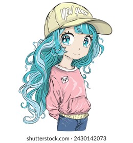 Cute manga girl illustration.T shirt graphics for girls.Cute anime girl character.​Japanese style, Cute manga girl drawing.Korean vector girl child.New york slogan.Hand drawn children's drawing.