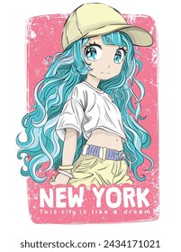 Cute manga girl illustration.T shirt graphics for girls.Cute anime girl character.​Japanese style, Cute manga girl drawing.Korean vector girl child.New york slogan.Fashion graphic design.
