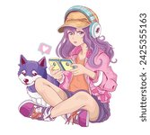 Cute manga girl and siberian husky illustration.T shirt graphics for girls.Cool anime girl character.​Japanese style, Cute gamer manga girl vector.Cute dog print.Cute girl playing computer game.