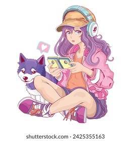 Cute manga girl and siberian husky illustration.T shirt graphics for girls.Cool anime girl character.​Japanese style, Cute gamer manga girl vector.Cute dog print.Cute girl playing computer game.