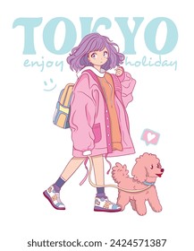 Lindo manga niña y juguete poodle ilustración.T gráficos de la camiseta para las niñas.Cool anime niña carácter. estilo japonés, lindo manga niña dibujo.coreano vector niña.Animal print.Tokyo slogan.Lindo perro