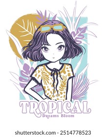 Ilustração vetor menina mangá bonito, tema tropical, estilo desenhado à mão, design gráfico moda.Boho menina Retrato. Natureza beleza menina vetor ilustração. Personagem de anime. Imprimir o trabalho artístico de design.