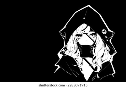 cute manga girl wearing a hoodie in black and white