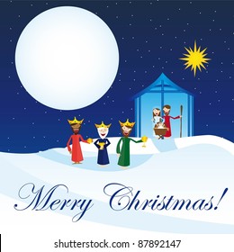 cute manger with magi over snow, card. vector
