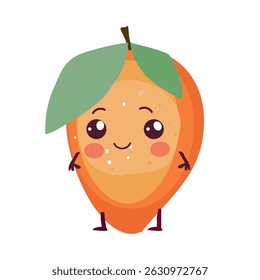 Cute Mango cartoon character with cup of tea,orange fruit ,Funny mascot of mango with happy smile vector illustration isolated on transparent background