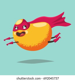 Cute Mango cartoon character of an exotic fruit in a superhero costume, mask and cloak. Vector concept illustration in a flat style for a healthy eating and lifestyle.