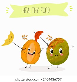Cute mango cartoon characters with different activities. Flat vector illustration, funny fruits. Organic food.