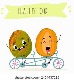 Cute mango cartoon characters with different activities. Flat vector illustration, funny fruits. Organic food.