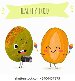 Cute mango cartoon characters with different activities. Flat vector illustration, funny fruits. Organic food.