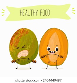 Cute mango cartoon characters with different activities. Flat vector illustration, funny fruits. Organic food.