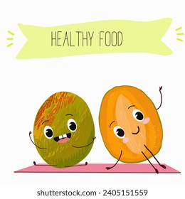 Cute mango cartoon characters with different activities. Flat vector illustration, funny fruits. Organic food.