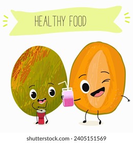 Cute mango cartoon characters with different activities. Flat vector illustration, funny fruits. Organic food.