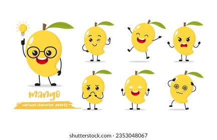  tira cómica de mango lindo con muchas expresiones. la actividad diferente del fruto representa la ilustración vectorial conjunto de diseño plano.