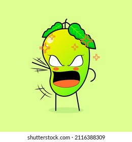 cute mango character with angry expression. green and orange. suitable for emoticon, logo, mascot. one hand raised, eyes bulging and mouth wide open