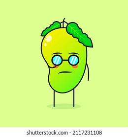 cute mango character with cool expression and eyeglasses. green and orange. suitable for emoticon, logo, mascot or sticker