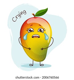 Cute mango character crying. Emoji stickers with mango. 