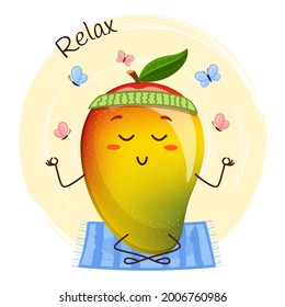 Cute Mango Charakter macht Yoga in Lotus Position mit Schmetterlingen und entspannen. Emoji-Aufkleber mit Mango. 