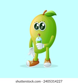 Cute mango character drinking a green smoothi. Perfect for kids, merchandise and sticker, banner promotion or blog
