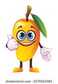 Cute mango character giving a thumbs up with smile, showing approval. Vector cartoon illustration