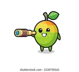 cute mango character is holding an old telescope , cute style design for t shirt, sticker, logo element