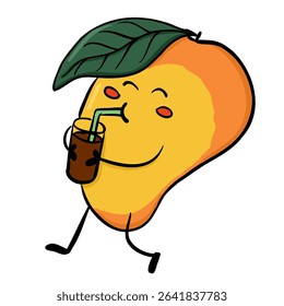 Cute mango character with leaf drinking juice through a straw in kawaii style. Concept represents tropical freshness, summer mood and playful fruity fun