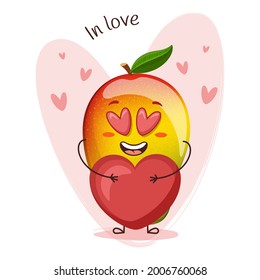 Cute mango character in love with eyes hearts. Emoji stickers with mango. 