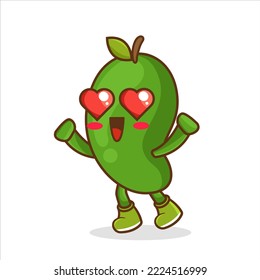Cute mango character in love with eyes hearts. falling in love expression of a cute mango with heart shaped eyes