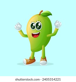Personaje de mango lindo haciendo una señal de victoria con su mano. Perfecto para niños, mercadería y pegatinas, promoción de banners o blog

