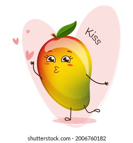 Carácter de mango lindo en el fondo rosado con corazones y besos. Emsticadores emoticonos con mango.