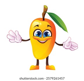 Cute mango character with open arms, welcoming and cheerful. Vector cartoon illustration