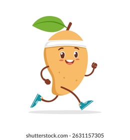 Cute mango character running fast in side view with sneakers and leaf hat. Energetic tropical fruit mascot in cartoon style
