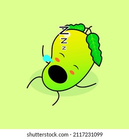 cute mango character with sleep expression, lie down, close eyes and mouth open. green and orange. suitable for emoticon, logo, mascot and icon