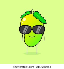 cute mango character with smile expression and black eyeglasses. green and orange. suitable for emoticon, logo, mascot or sticker