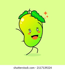 cute mango character with smile and happy expression, run, two hands up and sparkling eyes. green and orange. suitable for emoticon, logo, mascot and icon