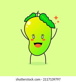 cute mango character with smile and happy expression, two hands up, mouth open and sparkling eyes. green and orange. suitable for emoticon, logo, mascot and icon