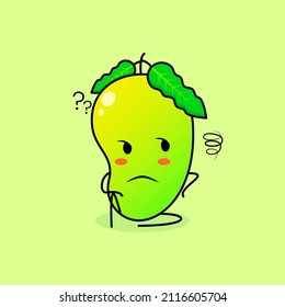 cute mango character with thinking expression and sit down. green and orange. suitable for emoticon, logo, mascot