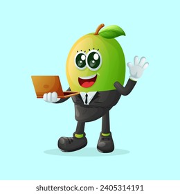 Cute mango character typing on a computer. Perfect for kids, merchandise and sticker, banner promotion or blog
