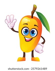 Cute mango character waving happily. Vector cartoon illustration