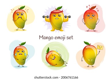 Cute Mango Characters Set Isolated. Scared, Strong, Angry, Crying, Cool, Laughing, Sad. Emoji Stickers With Mango.